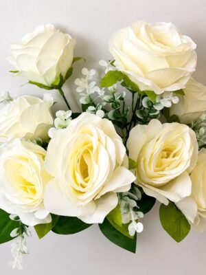 9-Head Artificial Rose Flower Bunch – Ivory White (15 Inch) ( Set of 2 Pcs )