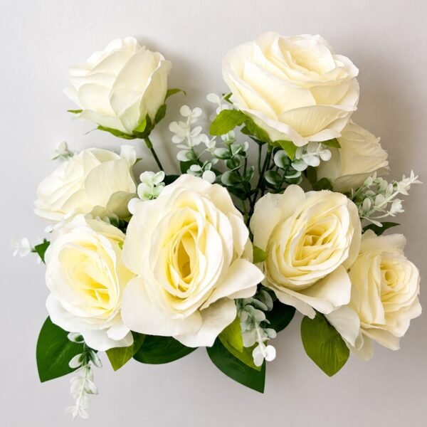 9-Head Artificial Rose Flower Bunch – Ivory White (15 Inch) ( Set of 2 Pcs )