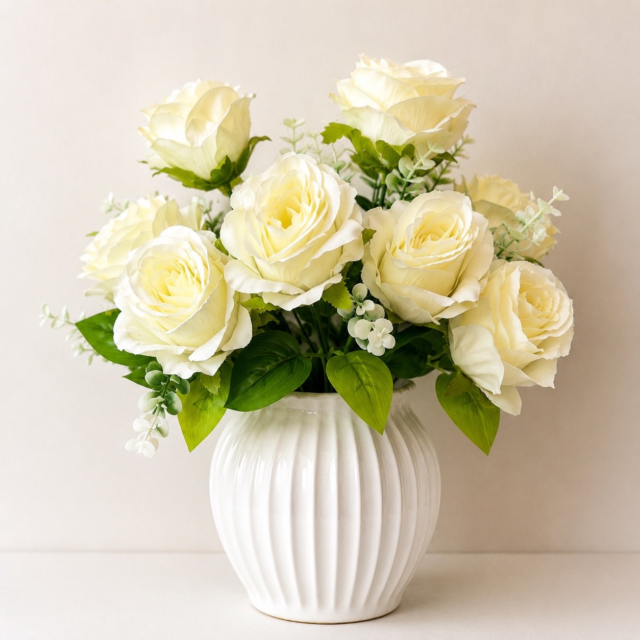 9-Head Artificial Rose Flower Bunch – Ivory White (15 Inch) ( Set of 2 Pcs )-img2