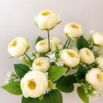 9-Head Medium Peony Artificial Flower Bunch – Ivory White (15 Inch) ( Set Of 2 Pcs )