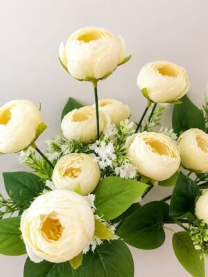 9-Head Medium Peony Artificial Flower Bunch – Ivory White (15 Inch) ( Set Of 2 Pcs )