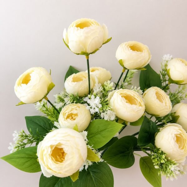 9-Head Medium Peony Artificial Flower Bunch – Ivory White (15 Inch) ( Set Of 2 Pcs )