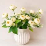 9-Head Medium Peony Artificial Flower Bunch – Ivory White (15 Inch) ( Set Of 2 Pcs )