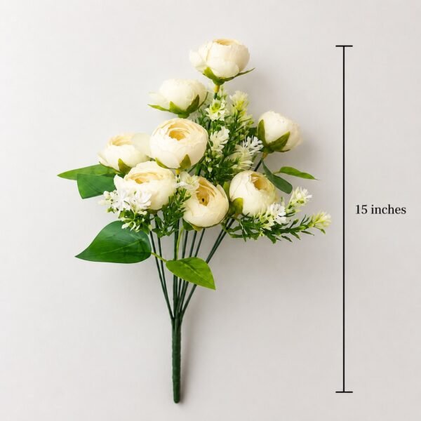 9-Head Medium Peony Artificial Flower Bunch – Ivory White (15 Inch) ( Set Of 2 Pcs )