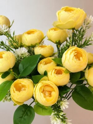 9-Head Medium Peony Artificial Flower Bunch – Lemon (15 Inch) ( Set of 2 Pcs )