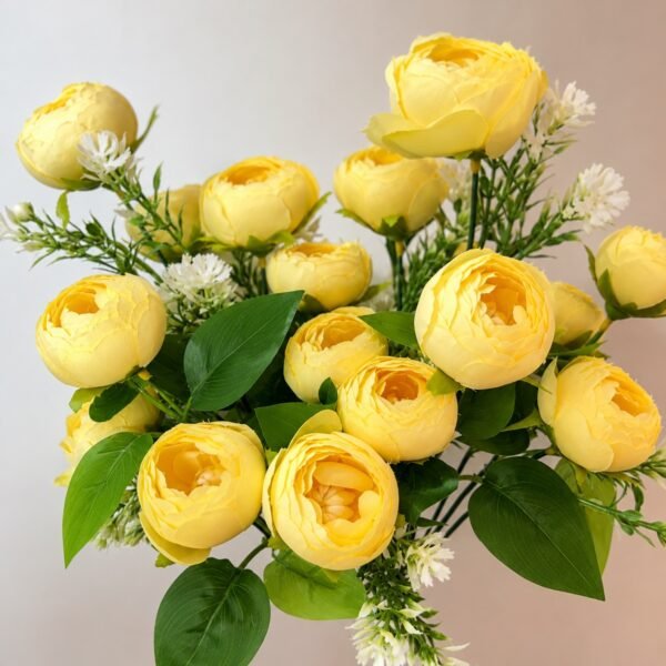 9-Head Medium Peony Artificial Flower Bunch – Lemon (15 Inch) ( Set of 2 Pcs )