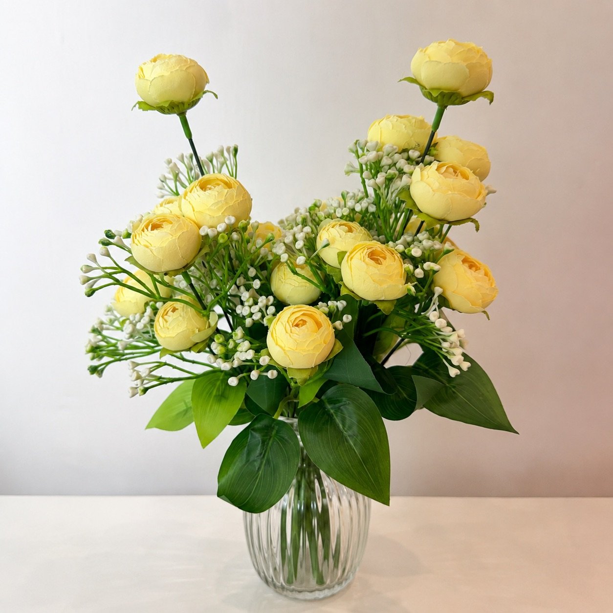 9-Head Small Peony Artificial Flower Bunch – Soft Yellow (12 Inch) ( Set of 2 Pcs )-img2