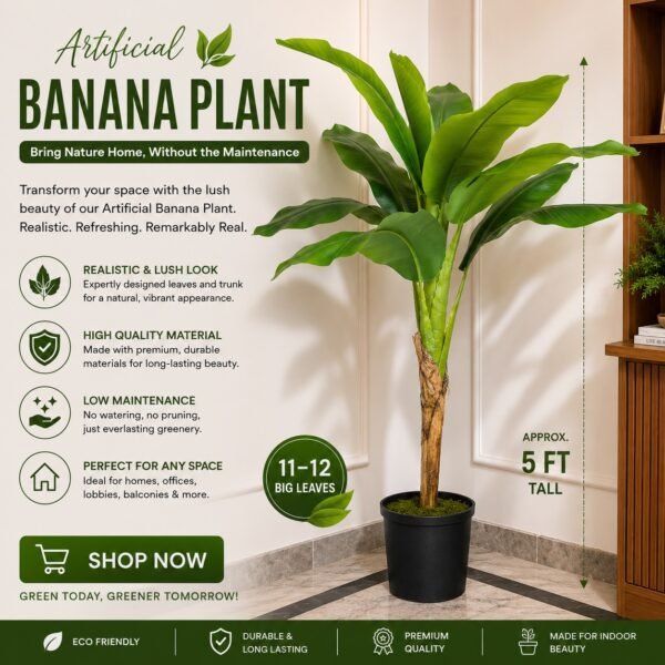 Artificial Banana Plant ( 5ft Tall ) with Black Plastic Pot