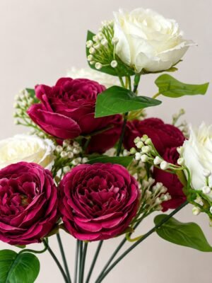 Artificial Burgundy & White Peony Rose Bunch ( Set of 2 Pcs )