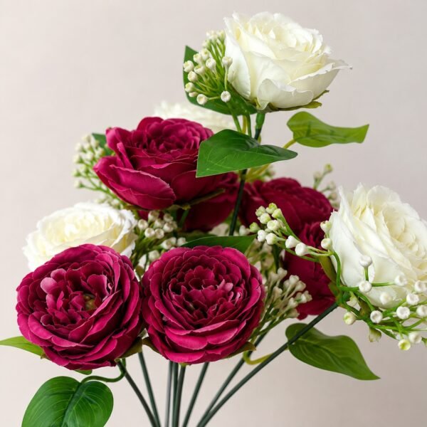Artificial Burgundy & White Peony Rose Bunch ( Set of 2 Pcs )