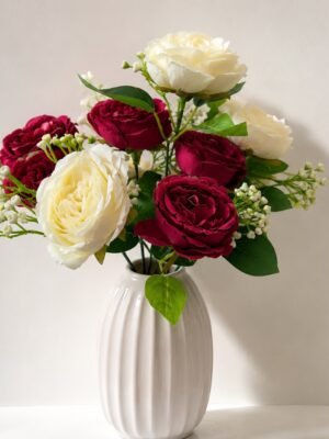Artificial Burgundy & White Peony Rose Bunch ( Set of 2 Pcs )-img2