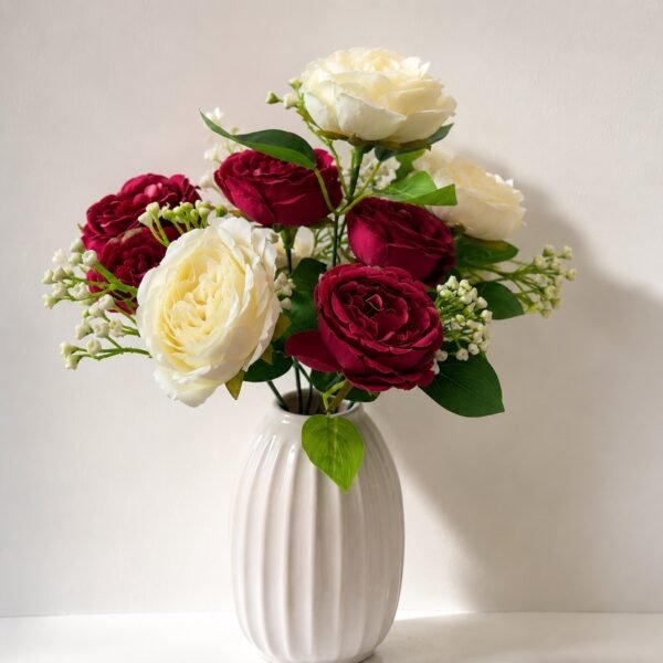 Artificial Burgundy & White Peony Rose Bunch ( Set of 2 Pcs )