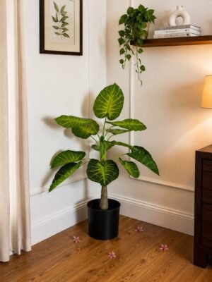 Artificial Caladium Plant (Elephant Ear Plant) – 4 ft  With Black Plastic Pot