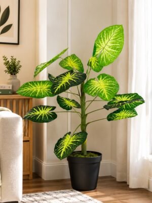 Artificial Caladium Plant (Elephant Ear Plant) – 4 ft  With Black Plastic Pot