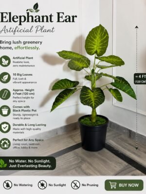 Artificial Caladium Plant (Elephant Ear Plant) – 4 ft With Black Plastic Pot-img2