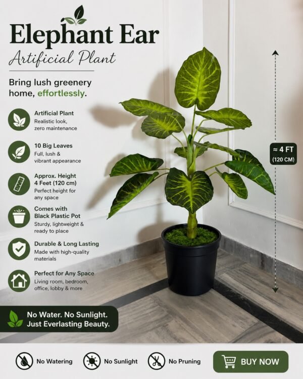 Artificial Caladium Plant (Elephant Ear Plant) – 4 ft  With Black Plastic Pot