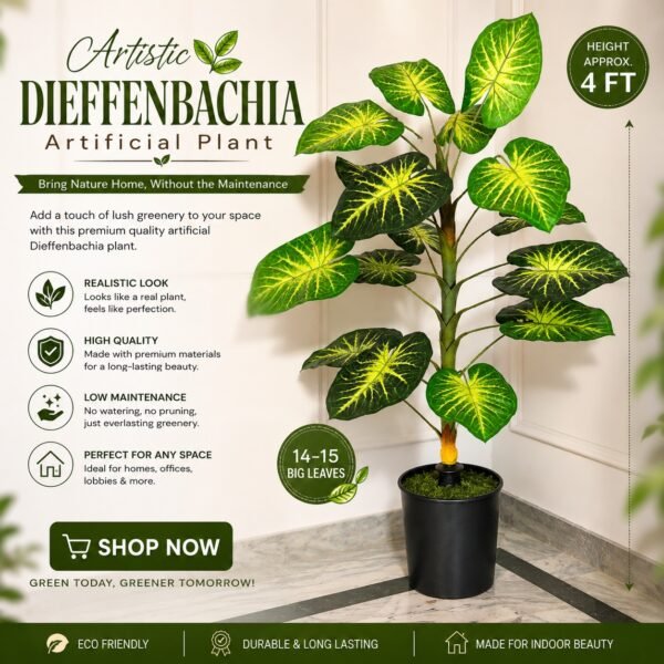Artificial Caladium Plant (Elephant Ear Plant) – 4 ft  With Black Plastic Pot