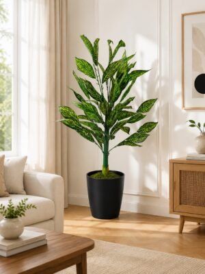Artificial Dieffenbachia Plant (Dumb Cane) – 4 ft With Black Plastic Pot