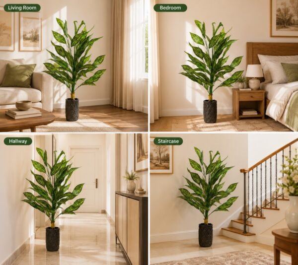 Artificial Dieffenbachia Plant (Dumb Cane) – 4 ft With Black Plastic Pot