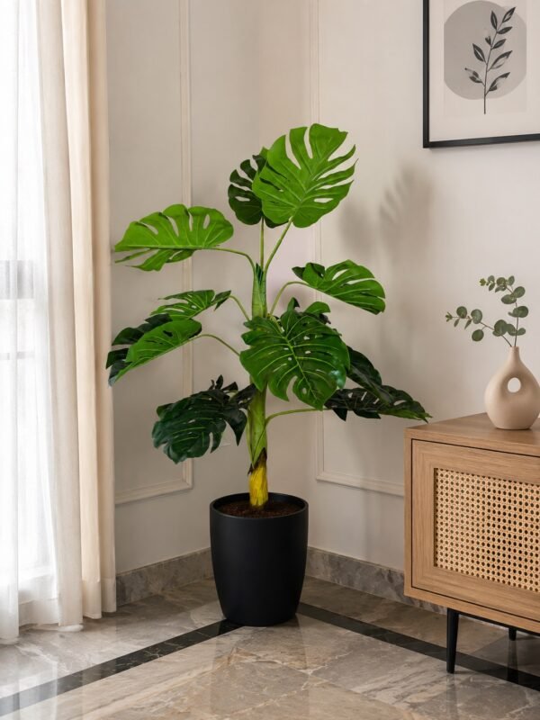 Artificial Monstera Deliciosa Plant (Swiss Cheese Plant) – 4 ft With Black Plastic Pot