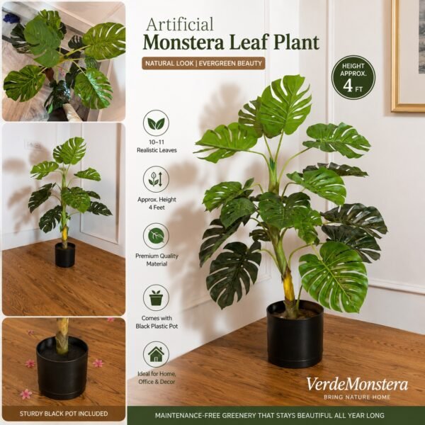 Artificial Monstera Deliciosa Plant (Swiss Cheese Plant) – 4 ft With Black Plastic Pot