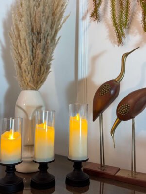 Auresta Home - Glass Hurricane LED Candle with Stand- Set of 3 Pcs