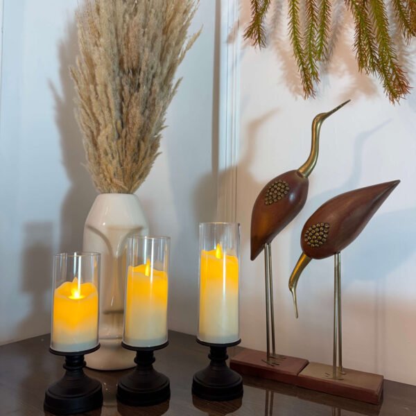 Auresta Home - Glass Hurricane LED Candle with Stand- Set of 3 Pcs