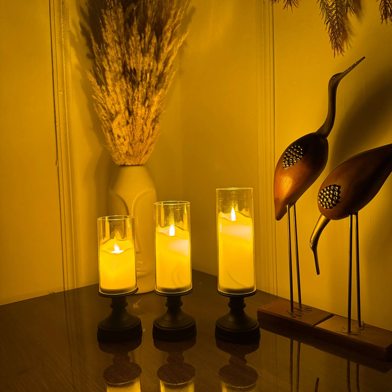 Auresta Home – Glass Hurricane LED Candle with Stand- Set of 3 Pcs-img2