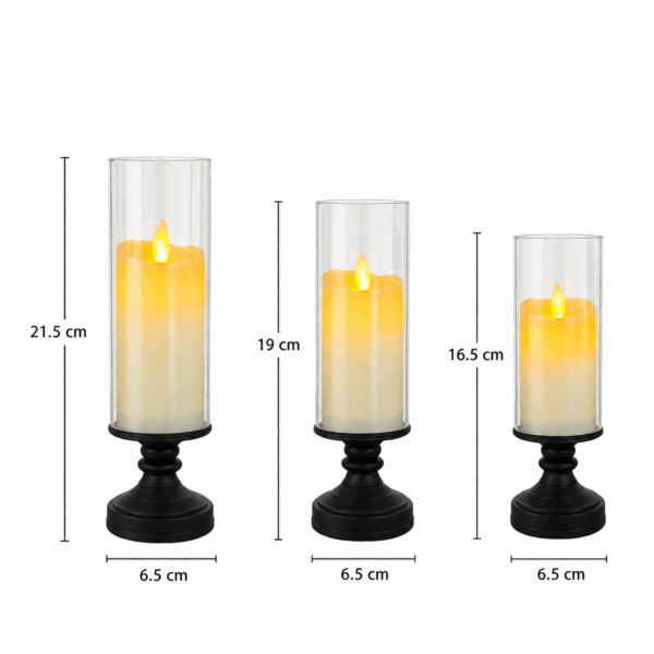Auresta Home - Glass Hurricane LED Candle with Stand- Set of 3 Pcs