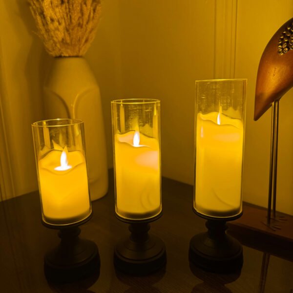 Auresta Home - Glass Hurricane LED Candle with Stand- Set of 3 Pcs