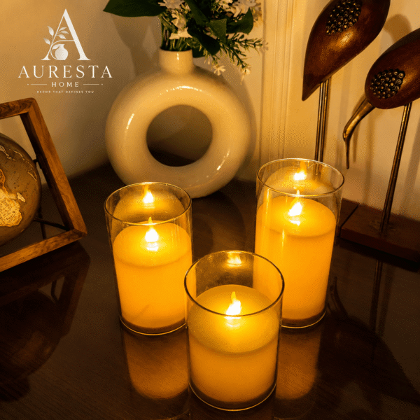 Auresta Home – Classic Glass Flameless Candle Set of 3 Pcs