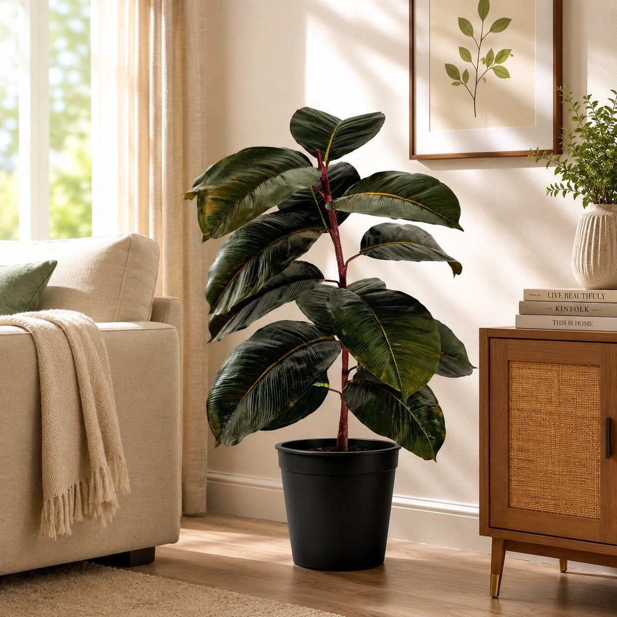Ficus Elastica (Artificial Rubber Plant) – 3 ft ( with Black Plastic Pot )-img1