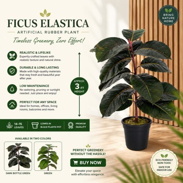 Ficus Elastica (Artificial Rubber Plant) – 3 ft ( with Black Plastic Pot )