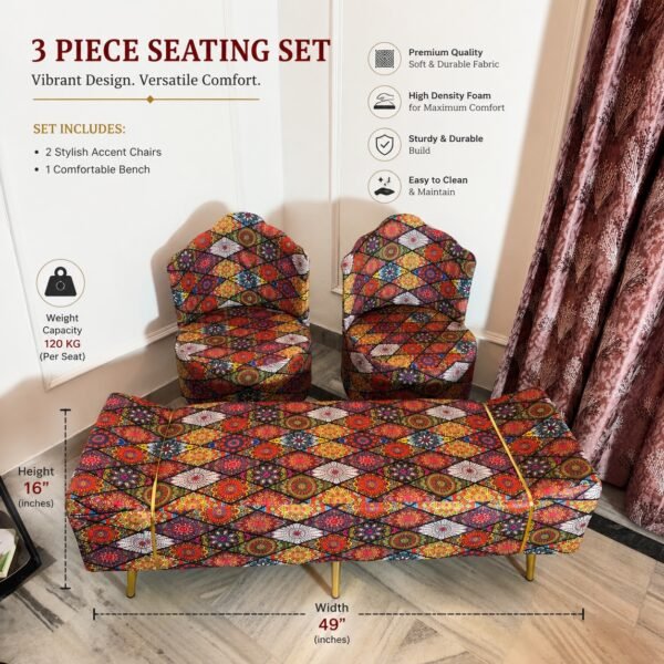 Luxe Jaipuri Print Seating Set ( Set of 3 Pieces )