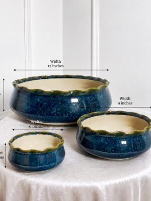Ocean Blue Scalloped Ceramic Planter Set (Set of 3)