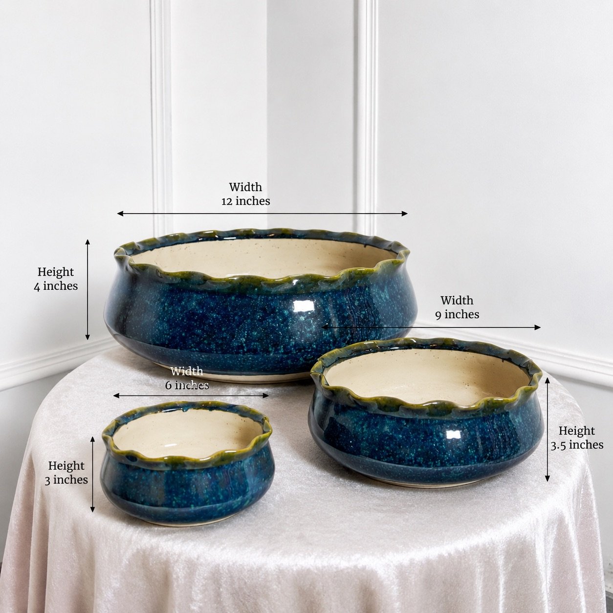 Ocean Blue Scalloped Ceramic Planter Set (Set of 3)-img1