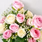 Real Touch Pink & White Rose Bunch – 9 Heads (12 Inch) ( Set of 2 Pcs )