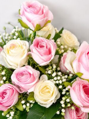 Real Touch Pink & White Rose Bunch – 9 Heads (12 Inch) ( Set of 2 Pcs )