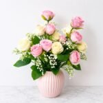 Real Touch Pink & White Rose Bunch – 9 Heads (12 Inch) ( Set of 2 Pcs )