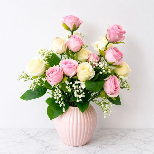Real Touch Pink & White Rose Bunch – 9 Heads (12 Inch) ( Set of 2 Pcs )