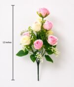 Real Touch Pink & White Rose Bunch – 9 Heads (12 Inch) ( Set of 2 Pcs )