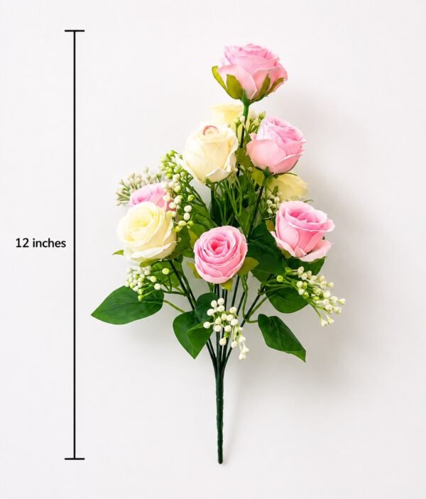 Real Touch Pink & White Rose Bunch – 9 Heads (12 Inch) ( Set of 2 Pcs )